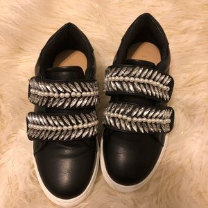 Black leather crystal sneakers